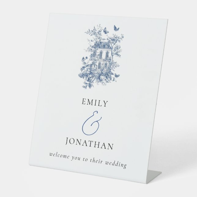 Blue Toile De Jouy Willkommen bei Wedding Sockelschild (Vorderseite)
