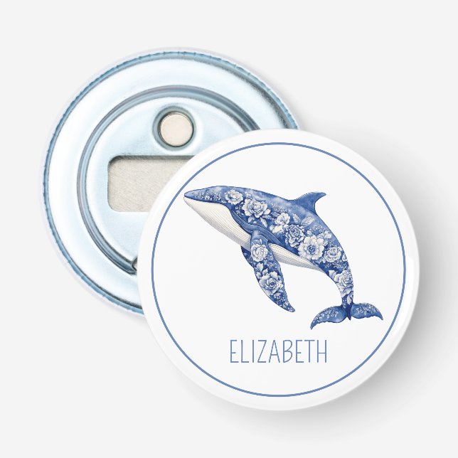 Blue Toile Floral Beach Dolphin Personalisiert Flaschenöffner (Vorderseite)