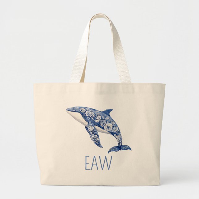 Blue Toile Floral Beach Dolphin Personalisiert Jumbo Stoffbeutel (Vorne)