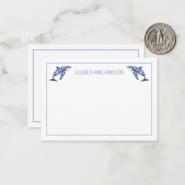 Blue Toile Floral Beach Dolphin Personalisiert Mitteilungskarte (Vorderseite/Rückseite Beispiel)
