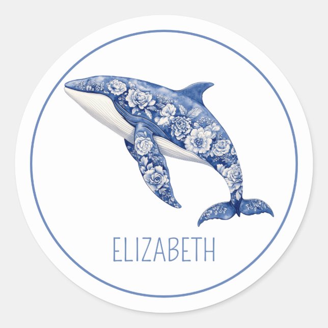 Blue Toile Floral Beach Dolphin Personalisiert Runder Aufkleber (Vorderseite)