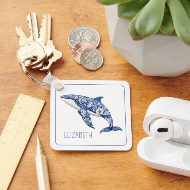Blue Toile Floral Beach Dolphin Personalisiert Schlüsselanhänger (Schreibtisch)
