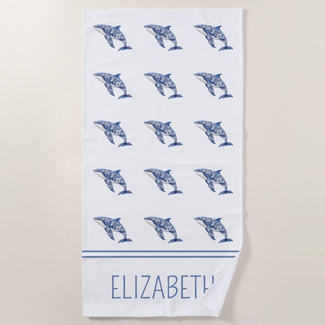 Blue Toile Floral Beach Dolphin Personalisiert Strandtuch (Vorderseite)