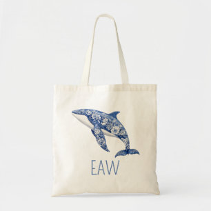 Blue Toile Floral Beach Dolphin Personalisiert Tragetasche