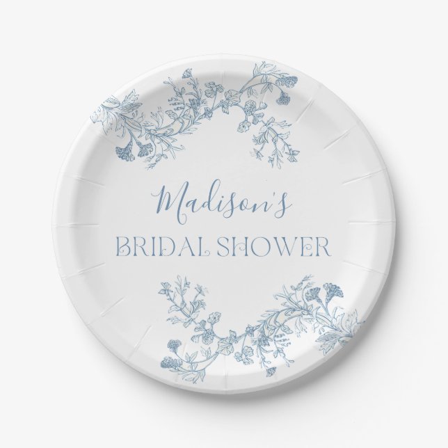 Blue Toile Floral Brautparty Paper Teller (Vorderseite)