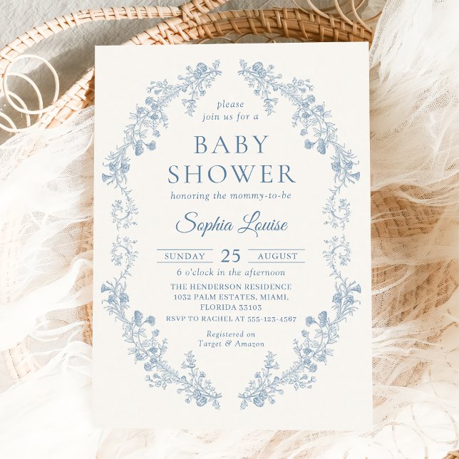 Blue Toile Floral Chinoiserie Babydusche Einladung (Von Creator hochgeladen)