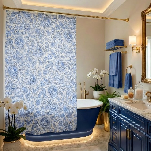 Blue Toile Floral Pattern Classic Botanical Duschvorhang (Von Creator hochgeladen)