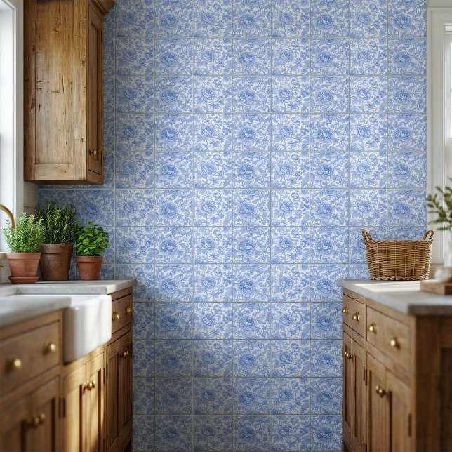 Blue Toile Floral Pattern Classic Botanical Fliese (Von Creator hochgeladen)