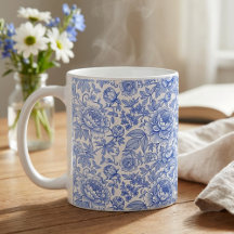 Blue Toile Floral Pattern Classic Botanical