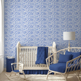 Blue Toile Floral Pattern Classic Botanical Tapete