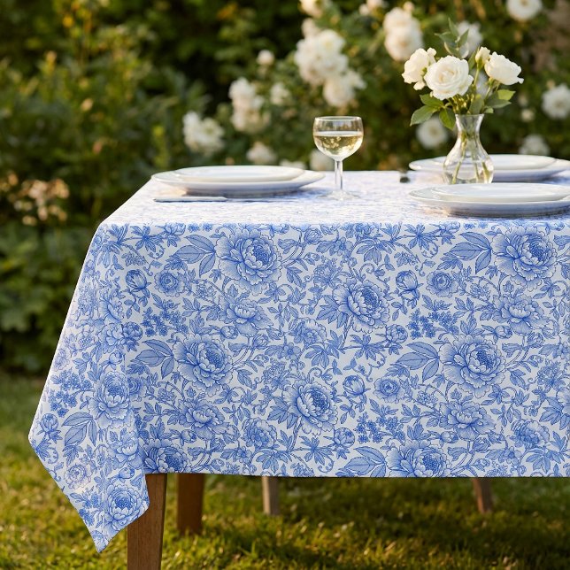 Blue Toile Floral Pattern Classic Botanical Tischdecke (Von Creator hochgeladen)
