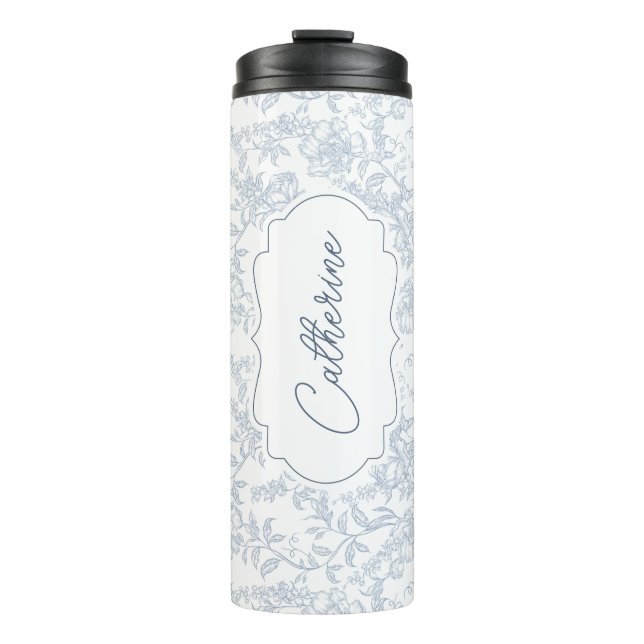 Blue Toile Floral with Script Personalization Thermosbecher (Vorderseite)