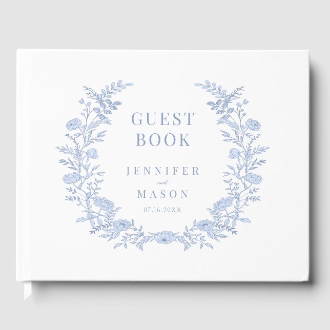 Blue Toile Floral Wreath Wedding Guest Book Gästebuch (Vorderseite)