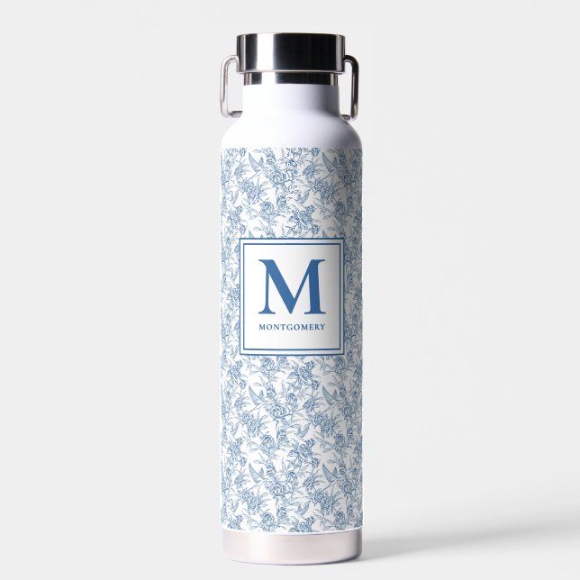 Blue Toile French Monogram Name Trinkflasche (Vorne)