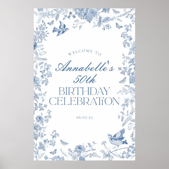 Blue Toile Jouy Floral Anniversaire Affiche de bie (Devant)