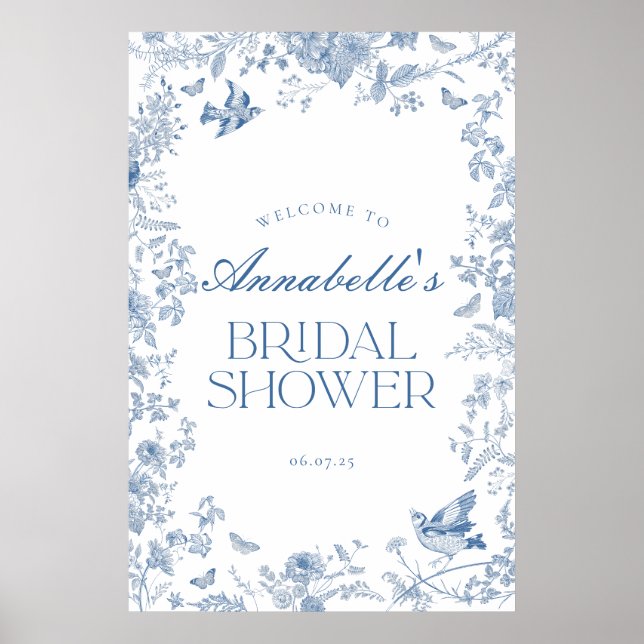 Blue Toile Jouy Floral Brautparty Begrüßungszeiche Poster (Vorne)