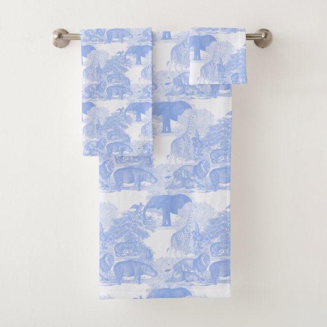 Blue Toile Jungle Animals Safari Chinoiserie Boy Badhandtuch Set (Insitu)