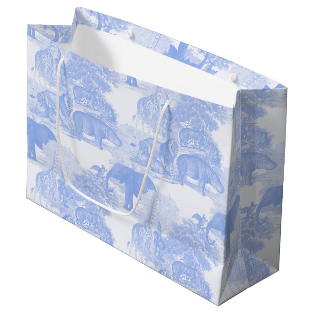Blue Toile Jungle Animals Safari Chinoiserie Große Geschenktüte (Vorderseite Schrägansicht)