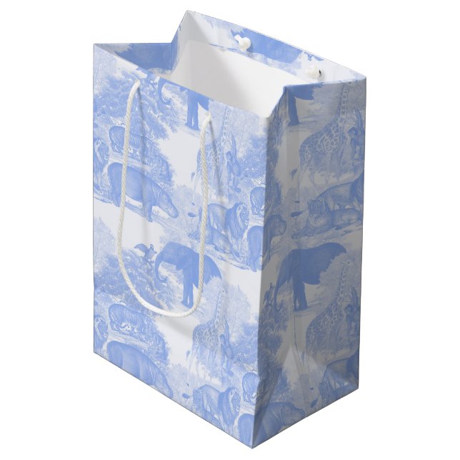 Blue Toile Jungle Animals Safari Chinoiserie Mittlere Geschenktüte (Vorderseite Schrägansicht)