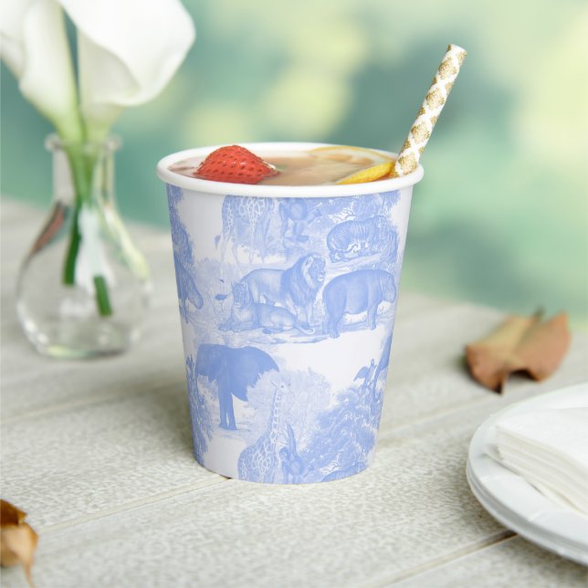 Blue Toile Jungle Animals Safari Chinoiserie Pappbecher (In Situ)