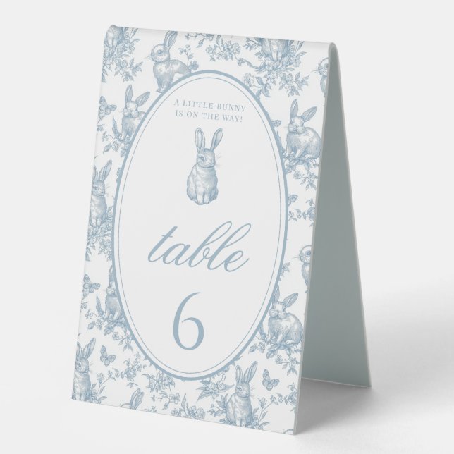 Blue Toile Little Bunny Baby Shower Table Numbers Tischaufsteller (Vorderseite)