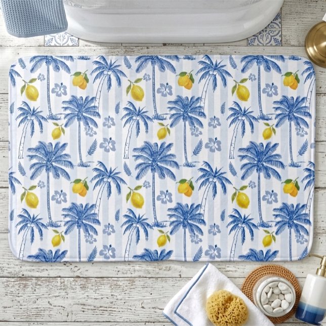 Blue Toile Palm Trees Lemons  Badematte (Von Creator hochgeladen)