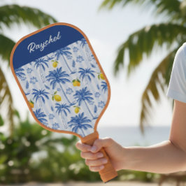 Blue Toile Palm Trees Lemons Monogram Name Pickleball Schläger