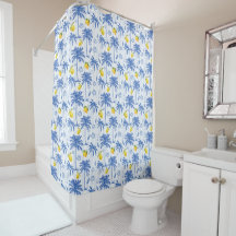 Blue Toile Palm Trees Lemons Pattern