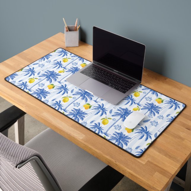 Blue Toile Palm Trees Lemons Pattern Schreibtischunterlage (Büro 2)