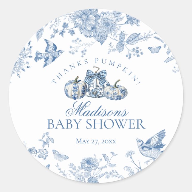 Blue Toile Pumpkin French Fall Baby Shower Favor Runder Aufkleber (Vorderseite)