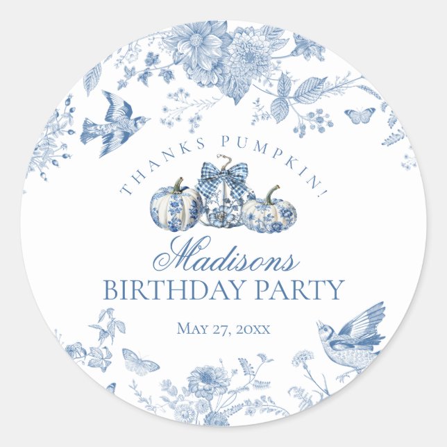 Blue Toile Pumpkin French Fall Birthday Favor Runder Aufkleber (Vorderseite)