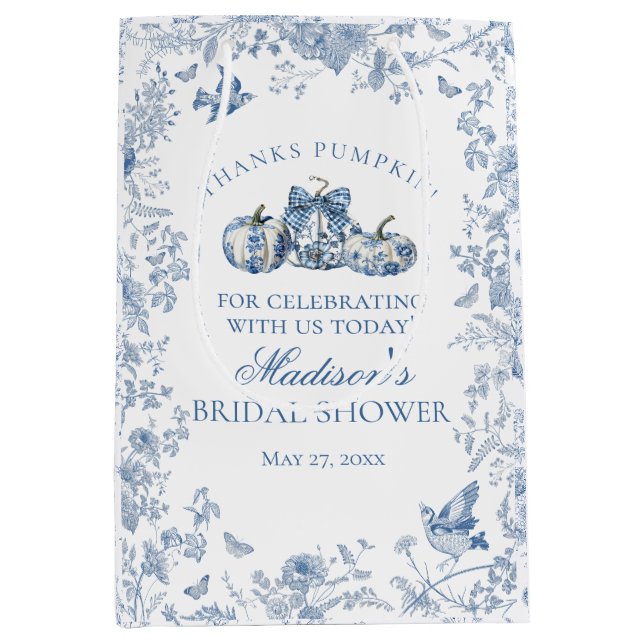 Blue Toile Pumpkin French Fall Brautparty Gevor Mittlere Geschenktüte (Vorderseite)