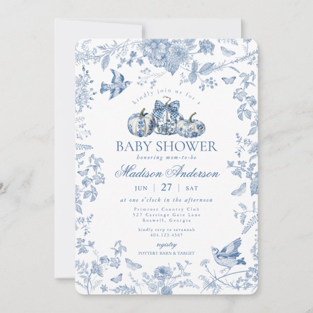 Blue Toile Pumpkin French Fall Floral Baby Dusche Einladung (Vorderseite)