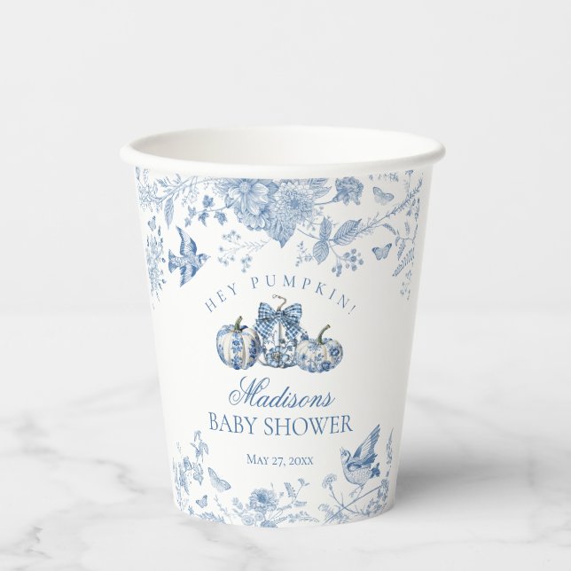 Blue Toile Pumpkin French Fall Floral Baby Shower Pappbecher (Vorderseite)