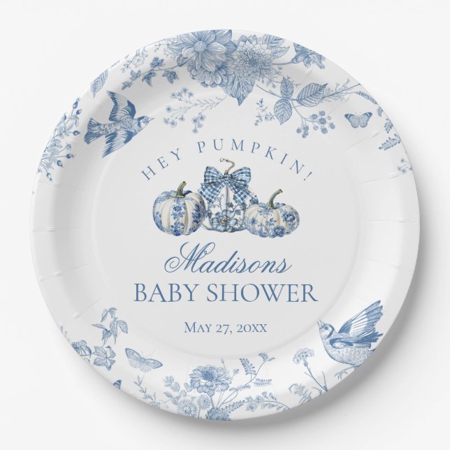 Blue Toile Pumpkin French Fall Floral Baby Shower Pappteller (Vorderseite)