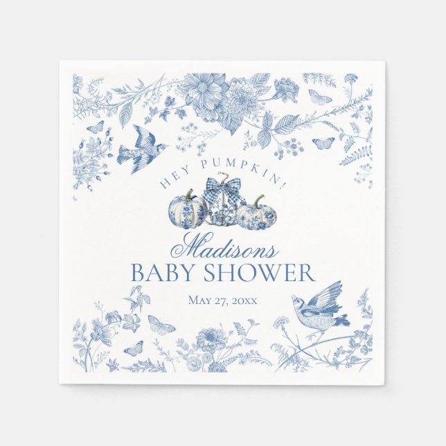 Blue Toile Pumpkin French Fall Floral Baby Shower Serviette (Vorderseite)