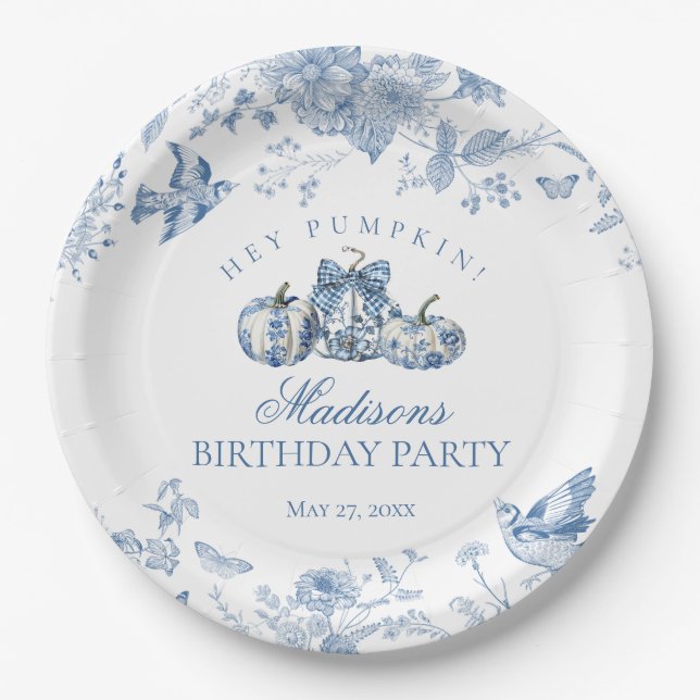 Blue Toile Pumpkin French Fall Floral Birthday Pappteller (Vorderseite)
