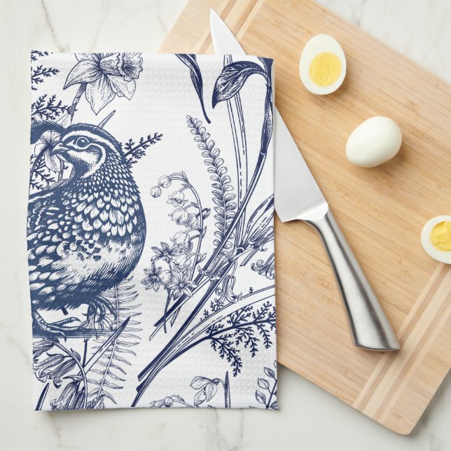Blue Toile Quail - Wildlife at Zuhause Geschirrtuch (Viertel Falte)