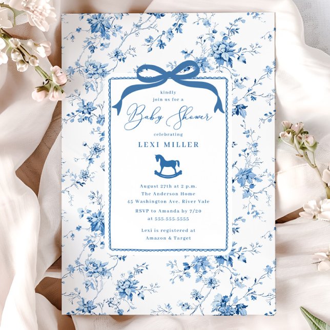 Blue Toile Rocking Horse Baby Dusche Einladung (Von Creator hochgeladen)