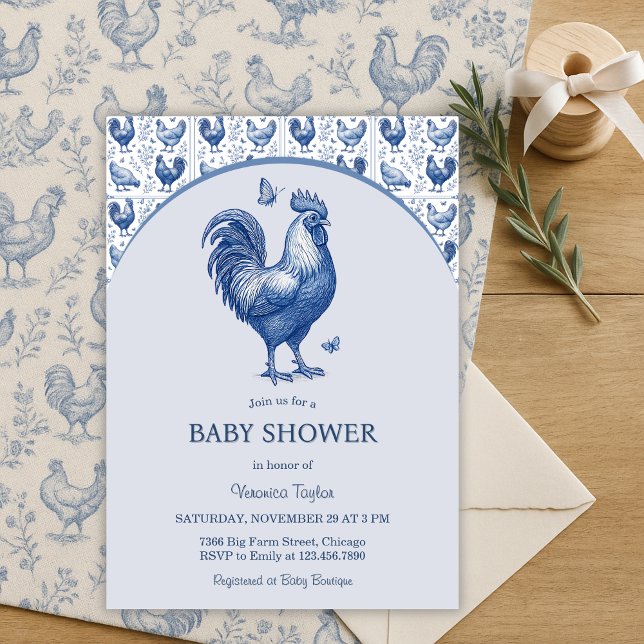 Blue Toile Rooster French Country Baby Dusche Einladung (Blue Toile Rooster Baby Shower French Country Farmhouse Chic (Gender-Neutral))