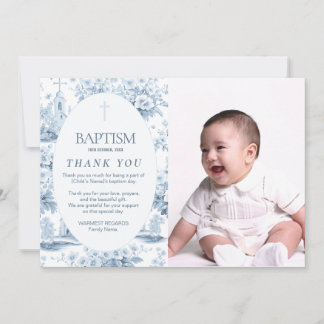 Blue Toile Taufe Danke Karte, Foto Design Einladung