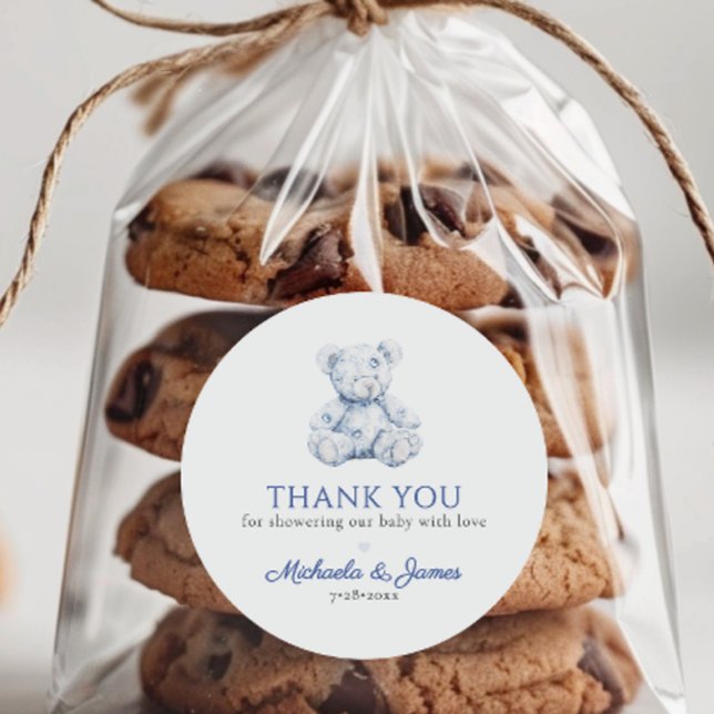 Blue Toile Teddy Bear Boy Baby Dusche Gefallen Runder Aufkleber (Von Creator hochgeladen)