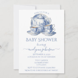 Blue Toile Tee Service Boy Babydusche Einladung