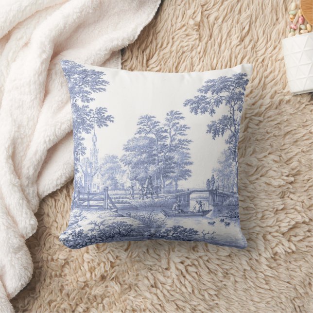 Blue Toile Vintages französisches Pastoral Bridge  Kissen (Decke)