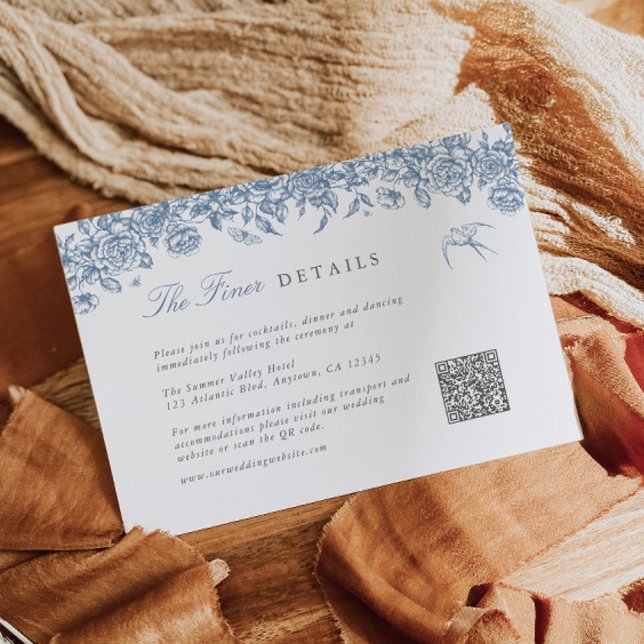 Blue Toile Wedding Details Karte QR Code (Von Creator hochgeladen)