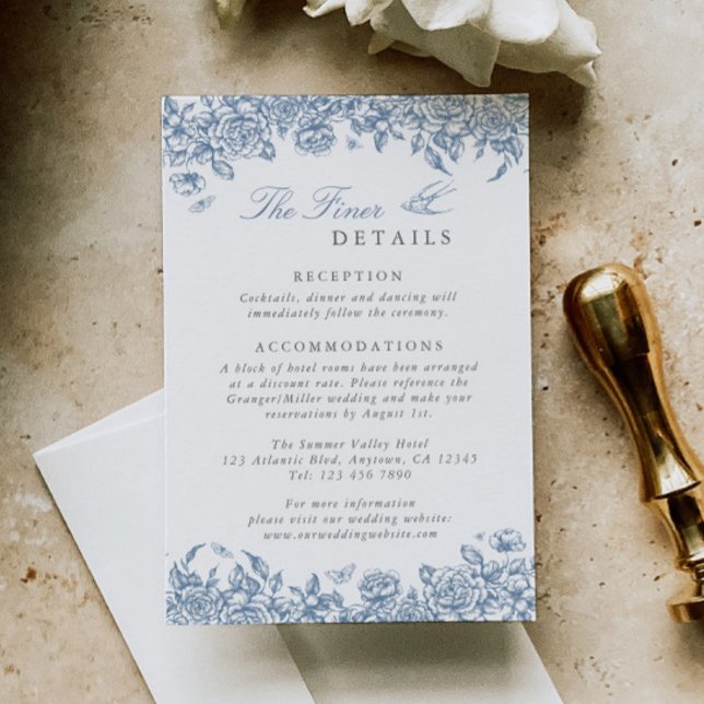 Blue Toile Wedding Details Umschließungskarte Blum Begleitkarte (Von Creator hochgeladen)