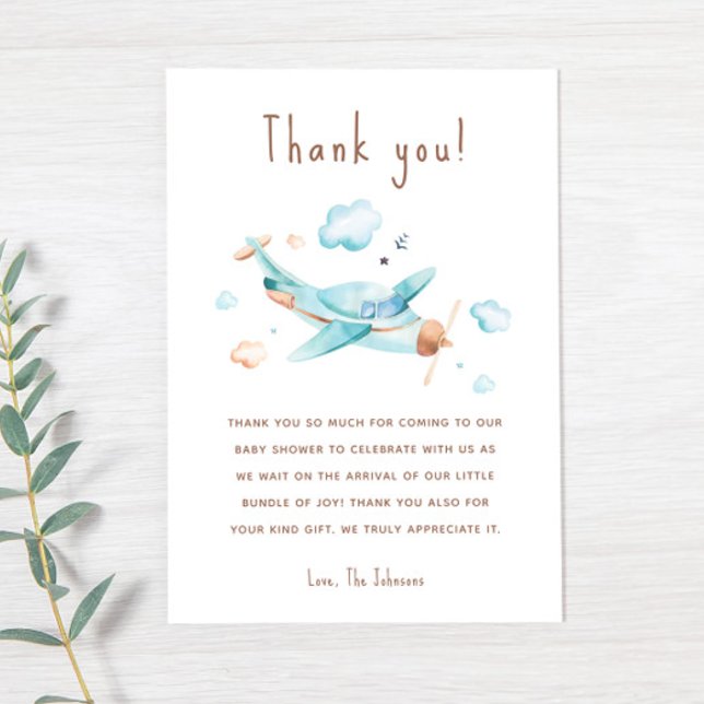 Blue Toy Airplane Boy Baby Shower Dankeskarte (Von Creator hochgeladen)