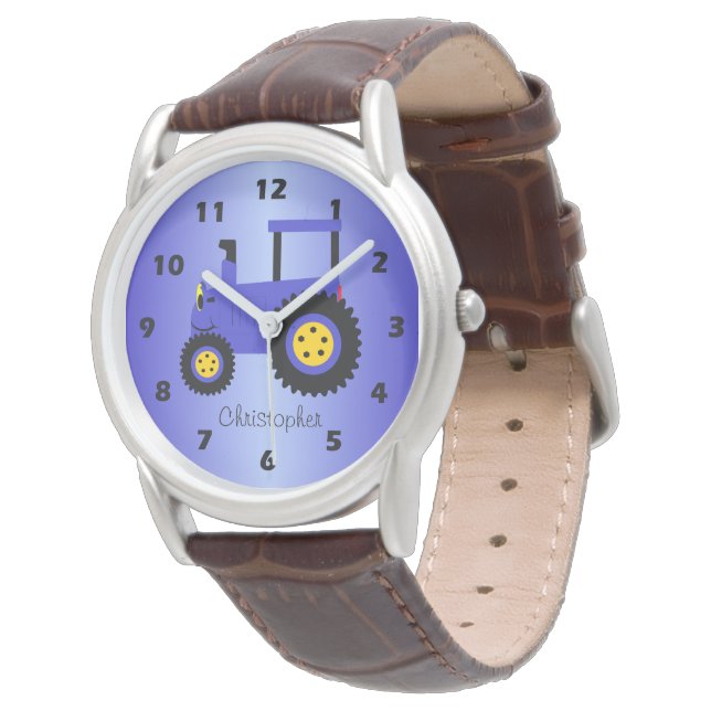 Blue Tractor Design Personalised Armbanduhr (Schrägansicht)