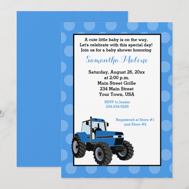 Blue Tractor Farm Baby Shower Einladung #2 (Vorne/Hinten)