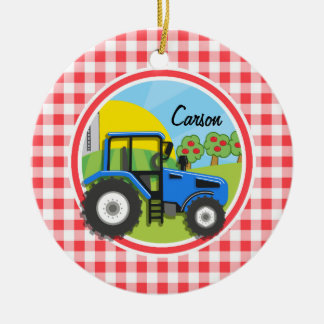 Blue Traktor; Rot und Weiß Gingham Keramik Ornament